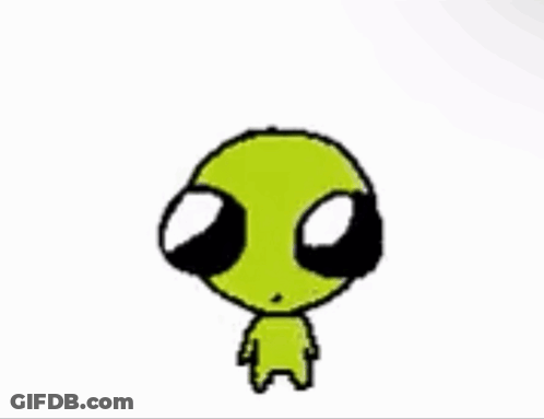 A Drawing Of A Green Alien With Big Black Eyes GIF