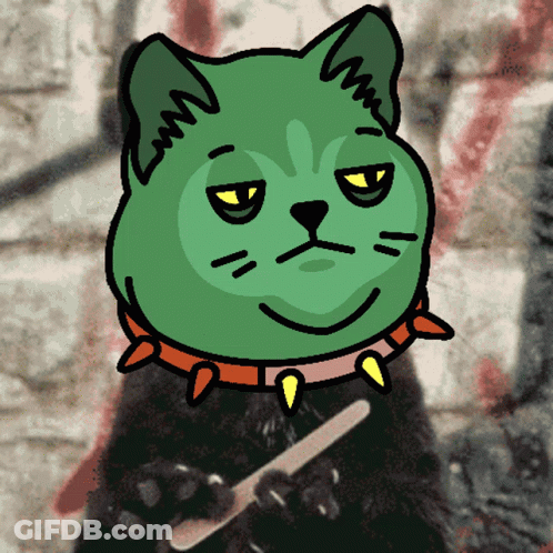 A Drawing Of A Green Cat Wearing A Spiked Collar GIF