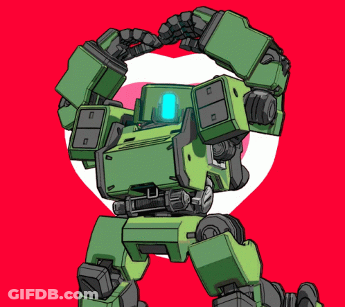 A Drawing Of A Green Robot With A Heart In The Background GIF