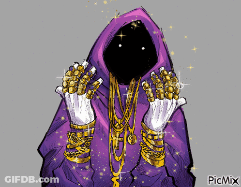 A Drawing Of A Grim Reaper Wearing A Purple Hood And Gold Jewelry GIF