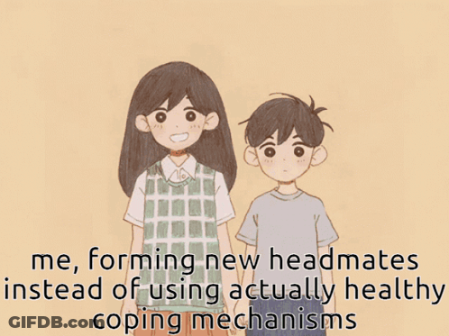 A Drawing Of A Group Of Children With The Caption " Me Forming New Headmates Instead Of Using Actually Healthy Coping Me GIF