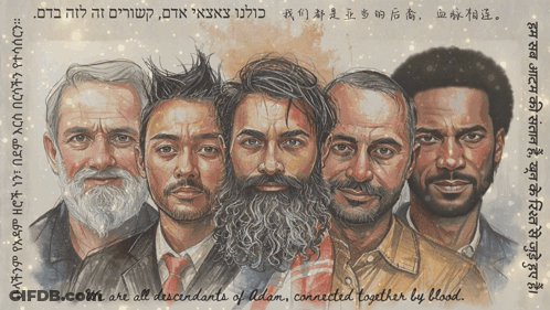 A Drawing Of A Group Of Men With The Words " We Are All Descendants Of Adam Connected Together By Blood " GIF