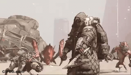 A Drawing Of A Group Of Monsters Including A Man With A Hood GIF