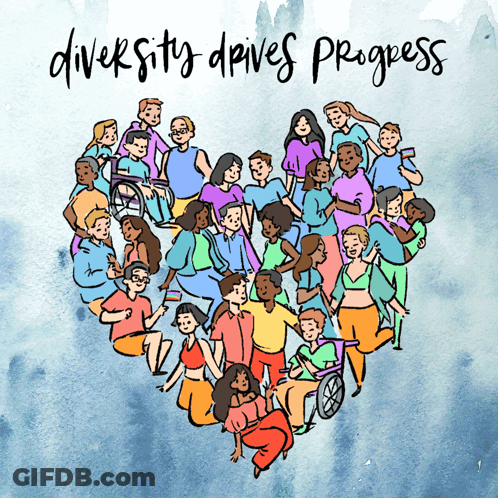 A Drawing Of A Group Of People With The Words " Diversity Drives Progress " Below Them GIF