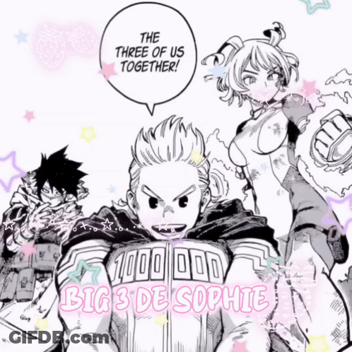 A Drawing Of A Group Of People With The Words " The Three Of Us Together " Above Them GIF