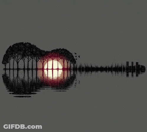 A Drawing Of A Guitar With Trees And The Sun Reflected In It GIF