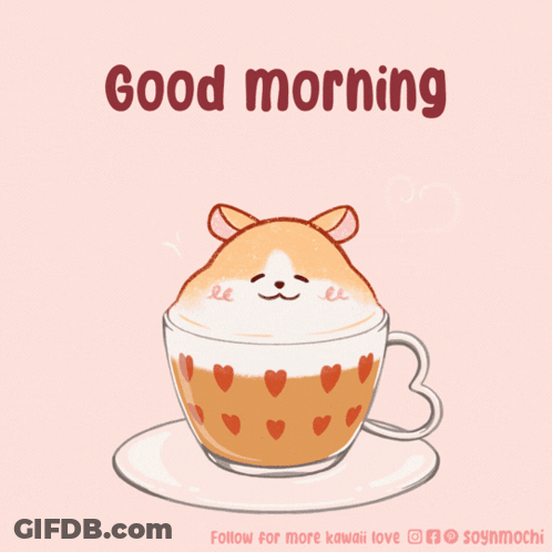 A Drawing Of A Hamster In A Cup Of Coffee With The Words " Good Morning " Below It GIF