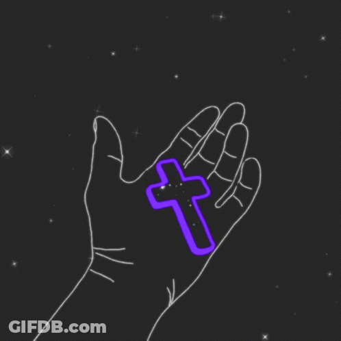 A Drawing Of A Hand Holding A Purple Cross With A Star In The Background GIF