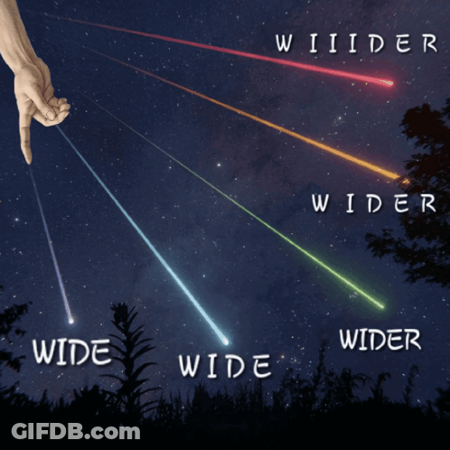 A Drawing Of A Hand Pointing At A Rainbow Of Shooting Stars With The Words " Wide " And " Wider " Below It GIF
