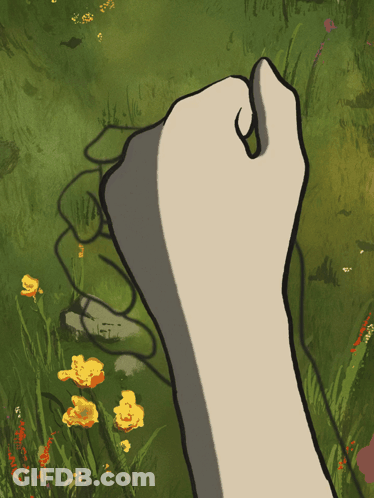 A Drawing Of A Hand Reaching Out Towards A Field Of Yellow Flowers GIF