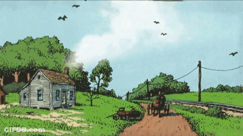 A Drawing Of A Horse Drawn Carriage Going Down A Dirt Road Near A House GIF