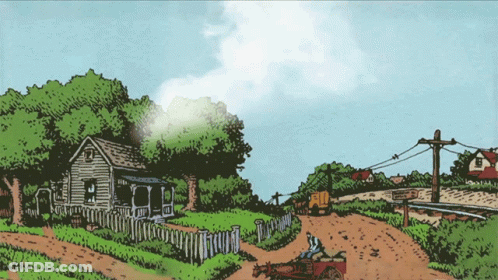 A Drawing Of A Horse Drawn Carriage Going Down A Dirt Road With A House In The Background GIF