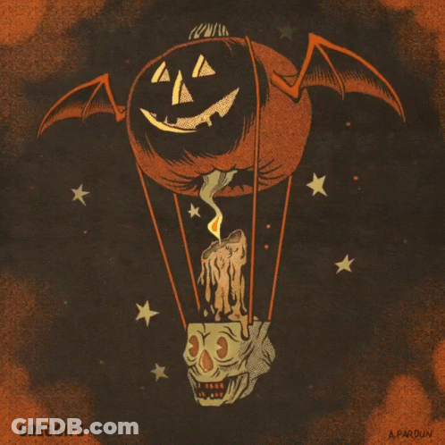 A Drawing Of A Hot Air Balloon With A Pumpkin And A Skull On It By Greggifs GIF