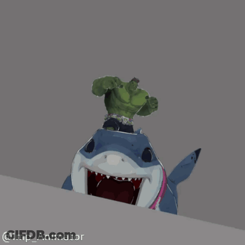 A Drawing Of A Hulk Standing On Top Of A Shark GIF