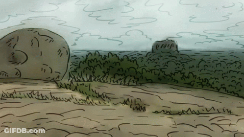A Drawing Of A Landscape With A Large Rock In The Middle GIF