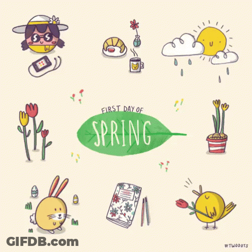 A Drawing Of A Leaf With The Words First Day Of Spring GIF