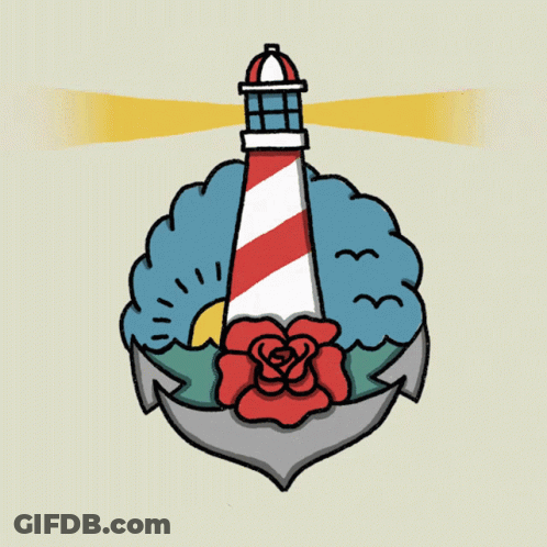 A Drawing Of A Lighthouse And An Anchor With A Rose In The Middle GIF