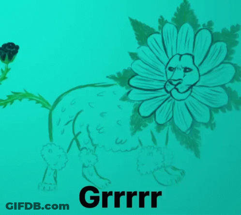 A Drawing Of A Lion With A Flower On Its Head And The Word Grrrr Below It GIF