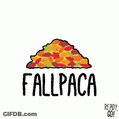 A Drawing Of A Llama Next To A Pile Of Leaves With The Words Fallpaca Below It GIF