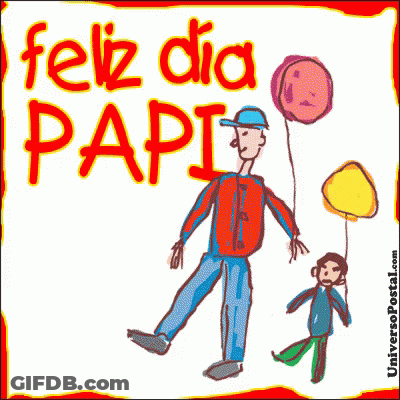A Drawing Of A Man And A Boy Holding Balloons That Says Feliz Dia Papi Te Quiero Muuucho GIF