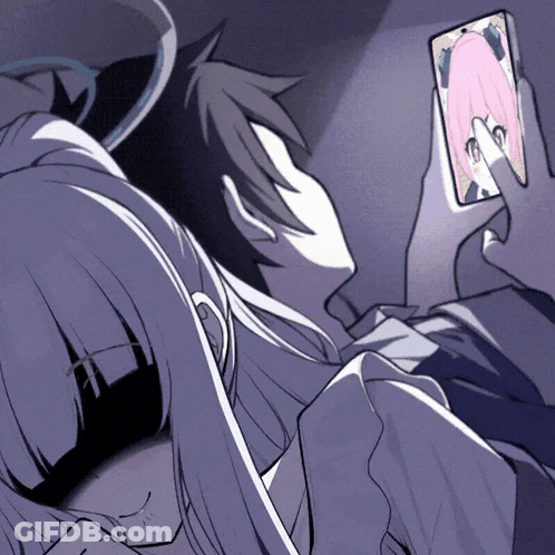 A Drawing Of A Man And A Girl Looking At A Phone GIF