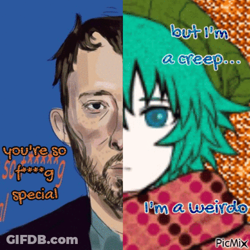 A Drawing Of A Man And A Girl With The Words But I 'M A Creep Written On It GIF