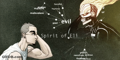 A Drawing Of A Man And A Robot With The Words Spirit Of Eli Written On The Bottom GIF