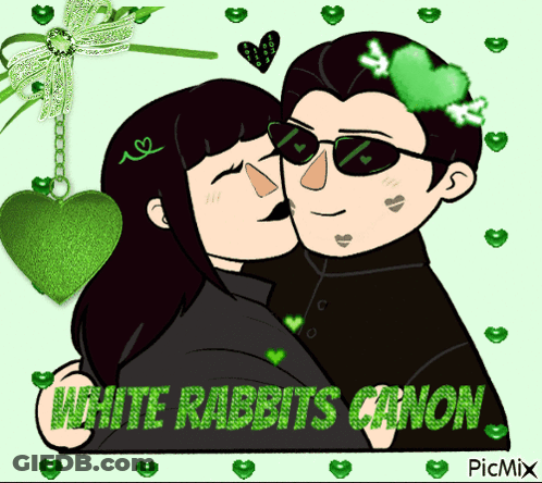 A Drawing Of A Man And A Woman Kissing With The Words White Rabbits Canon On The Bottom GIF