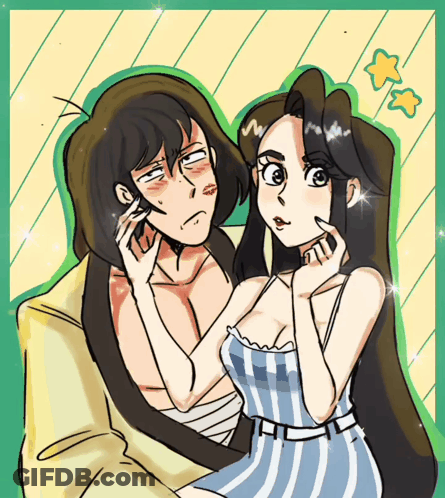 A Drawing Of A Man And A Woman With A Green And Yellow Background GIF