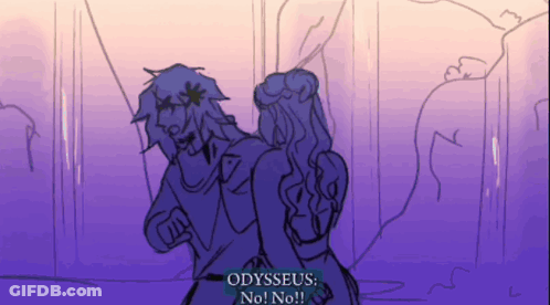 A Drawing Of A Man And A Woman With The Words Odysseus No No Written Below Them GIF