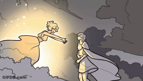 A Drawing Of A Man And Woman Holding Hands In The Clouds GIF