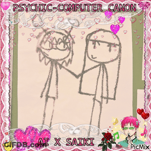 A Drawing Of A Man And Woman Holding Hands With The Words Ai X Saiki Above Them GIF