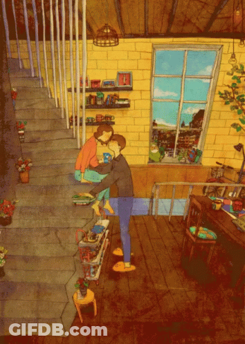 A Drawing Of A Man And Woman Hugging In A Room With A Window GIF