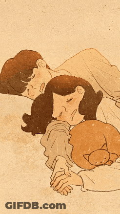 A Drawing Of A Man And Woman Sleeping With A Cat Between Them GIF