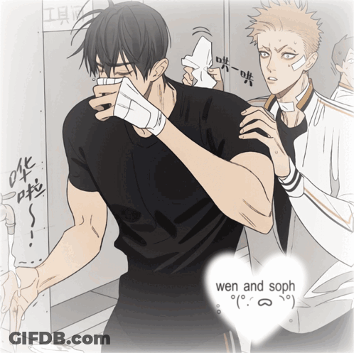 A Drawing Of A Man Covering His Mouth With A Bandage And A Heart That Says Wen And Soph GIF