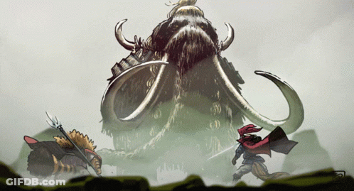 A Drawing Of A Man Fighting A Mammoth GIF