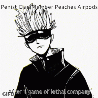 A Drawing Of A Man Giving A Peace Sign With The Caption Penis Clan Member Peaches Airpods GIF