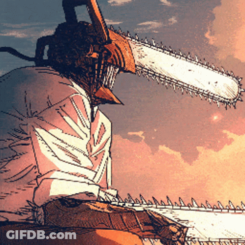 A Drawing Of A Man Holding A Chainsaw With Spikes GIF
