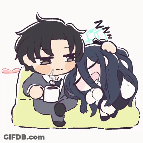 A Drawing Of A Man Holding A Cup Of Coffee And A Woman Sleeping Next To Him GIF