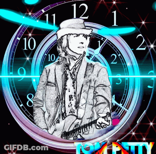 A Drawing Of A Man Holding A Guitar In Front Of A Clock That Says ' Tom Petty ' On It GIF
