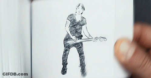 A Drawing Of A Man Holding A Guitar In His Hands GIF