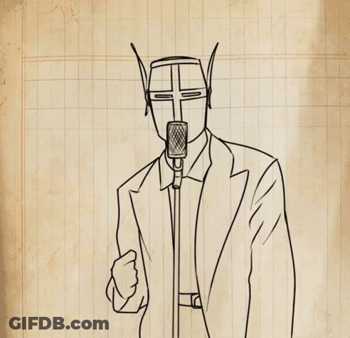 A Drawing Of A Man Holding A Microphone With A Helmet On His Head GIF