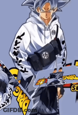 A Drawing Of A Man Holding A Skateboard With Dragon Ball Written On It GIF