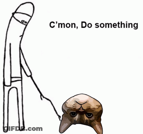 A Drawing Of A Man Holding A Stick Next To A Drawing Of A Skull That Says C ' Mon Do Something GIF