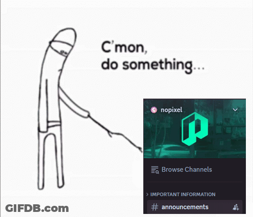 A Drawing Of A Man Holding A Stick Next To A Screen That Says " C'mon Do Something " GIF