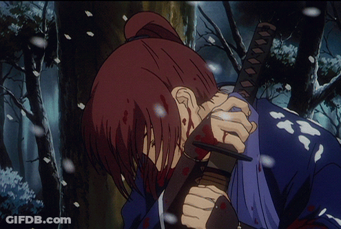 A Drawing Of A Man Holding A Sword With Blood On His Face GIF