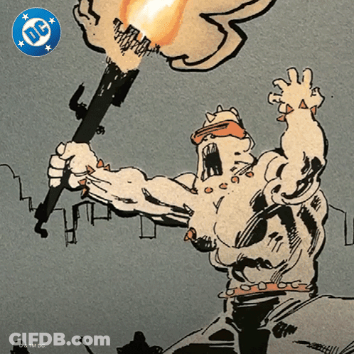 A Drawing Of A Man Holding A Torch With A Dc Logo On The Bottom GIF