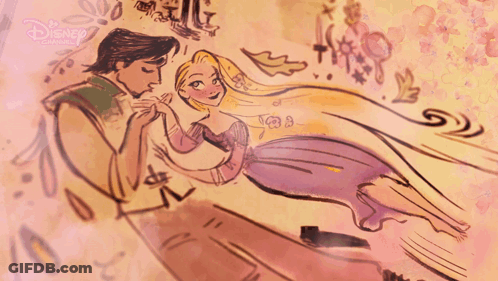 A Drawing Of A Man Holding A Woman 'S Hand With Disney Written On The Bottom Right GIF
