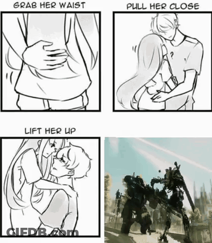 A Drawing Of A Man Hugging A Woman With The Words Grab Her Waist Pull Her Close Lift Her Up And A Picture Of A Robot GIF