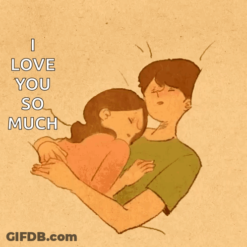 A Drawing Of A Man Hugging A Woman With The Words " I Love You So Much " Above It GIF